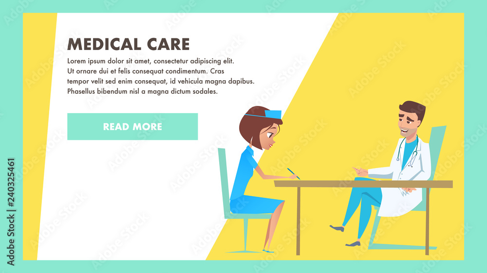 Medical Care Banner. Doctor and Nurse Characters. Medical Care Banner. Doctor and Nurse Characters.