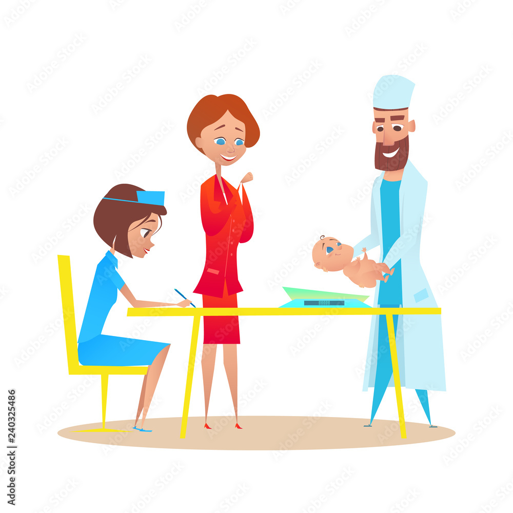 Pediatrician Doctor Weighing Newborn. Flat Cartoon Pediatrician Doctor Weighing Newborn. Flat Cartoon