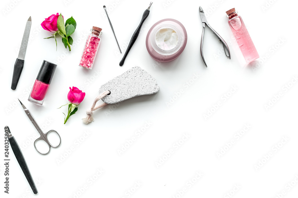 manicure and pedicure equipment for nail bar set on white background top view mockup manicure and pedicure equipment for nail bar set on white background top view mockup
