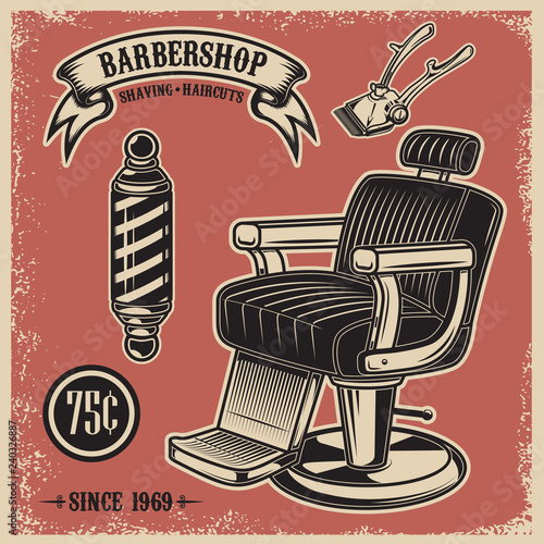 Barber shop poster template. Barber chair and tools on grunge background. Design element for emblem, sign, poster, card, banner.