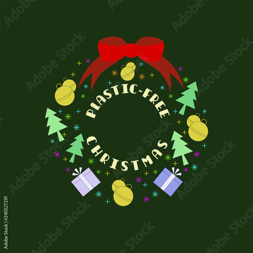 Christmas wreath composed of plastic ornament icons as a gimmick. Plastic free christmas concept. Vector illustration.