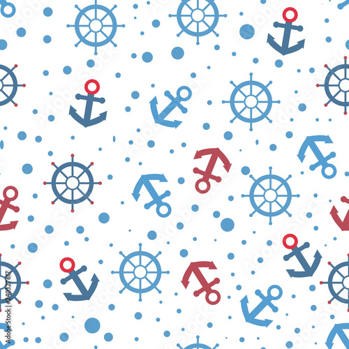 Anchor and Steering Wheel seamless vector pattern in marine style. Minimalistic marine background. Dark blue silhouettes on a white background