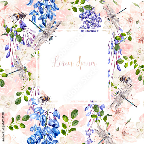 Beautiful watercolor wedding card  with roses and wisteria flowers.