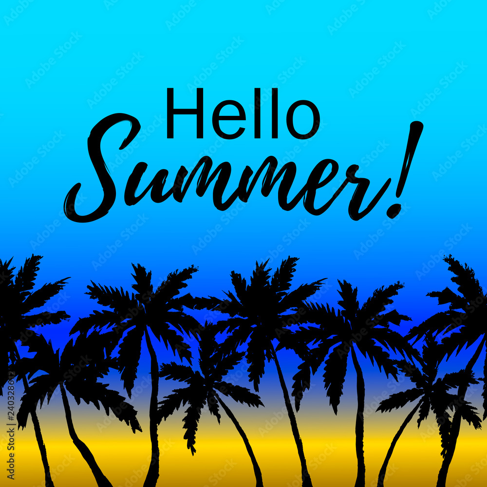 Hello Summer design with palm trees border on gradient ocean background