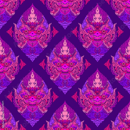 Tao Wassuwan ,Vaisravana, Vessavana Thao Wes Suwan is the Giant God of assets and Buddha Design for thai traditional line drawing neo thai tattoo vector seamless pattern with proton purple tone photo