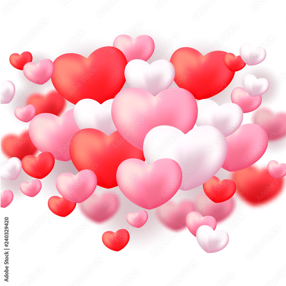 Heart background. Romantic design with realistic hearts. Happy valentines day and weeding design elements. Vector Illustration. Abstract background, poster, banner. Place for text