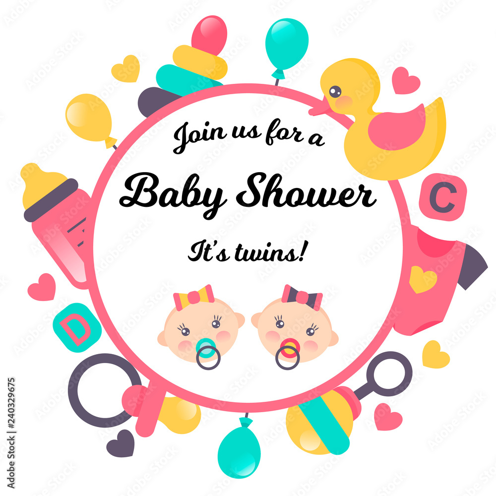 Baby shower card. It’s twins. Vector illustration isolated on white. Space for text.