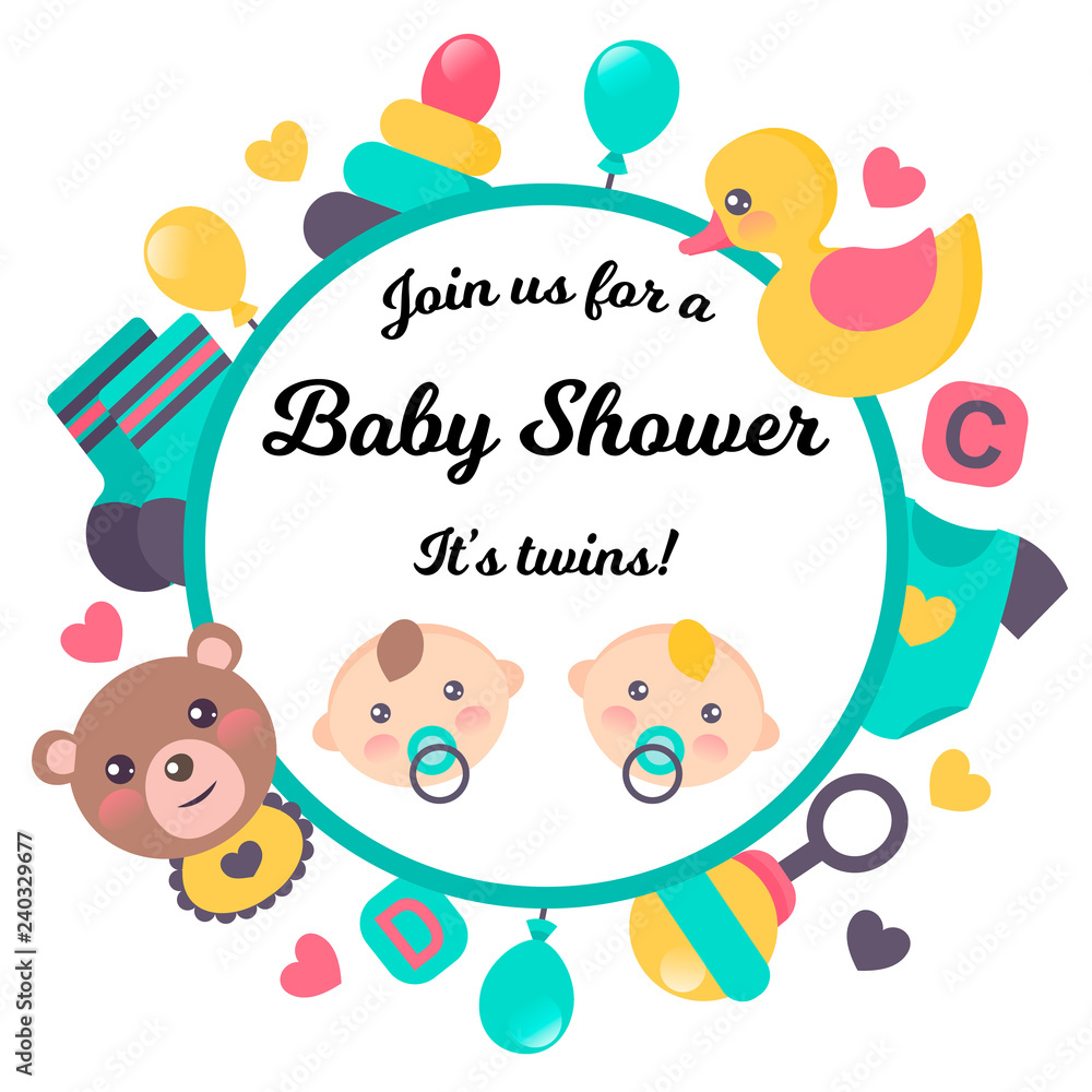 Baby shower card. It’s twins. Vector illustration isolated on white. Space for text. Baby shower card. It’s twins. Vector illustration isolated on white. Space for text.
