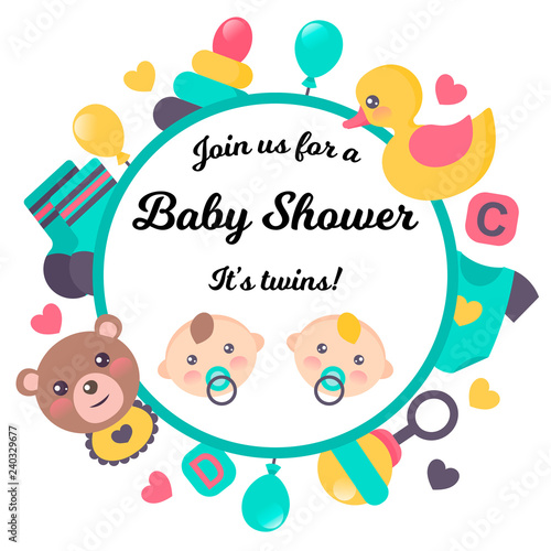 Baby shower card. It’s twins. Vector illustration isolated on white. Space for text.