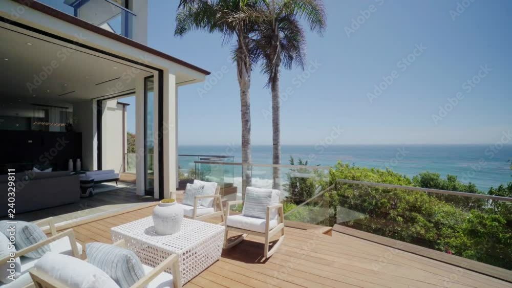 Modern interior with ocean view in Malibu on PCH, shot of real estate ...