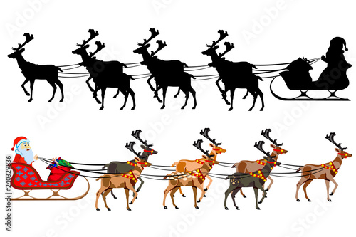 Santa Claus on a sleigh with reindeer, with a handful of gifts. Silhouette of santa claus.