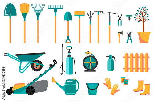 Set of various colorful gardening tools. Flat design illustration of items for gardening and farming . Vector illustration.