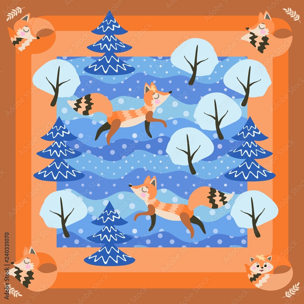Fototapeta Foxes in the winter forest. Wonderful square postcard or print for pillowcases in the vector.