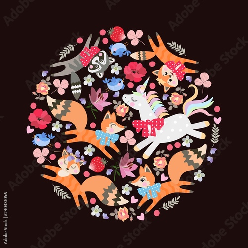 Round pattern with cherrful animals  kitten  foxes  raccoon and unicorn. Lily  poppy  rose flowers  berries  leaves and hearts isolated on black background.