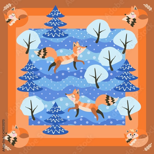 Foxes in the winter forest. Wonderful square postcard or print for pillowcases in the vector.