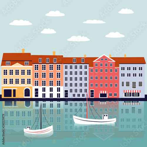 Nyhavn Copenhagen Denmark landmark vector cartoon illustration, danish decorative flat background, colorful building on river, architecture historic sight attraction, Travel sightseeing landscape