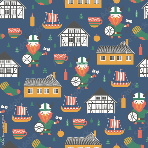 Seamless pattern Kingdom of Denmark vector, Nordic colorful background, landmark Museum Of Hans Christian Andersen, Funen village of Odense, decorative danish symbols viking, tree, candles for design