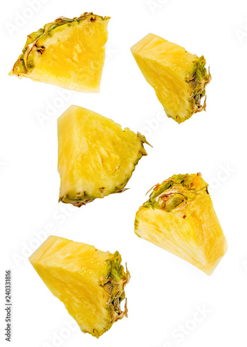 pineapple slices flying isolated on white with clipping path