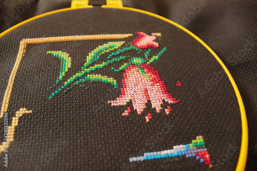 Embroidery on a black canvas.