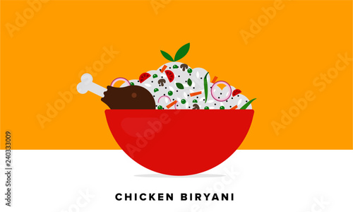 Veg Biryani Vector Illustration. Traditional Mughlai Indian Cuisine.