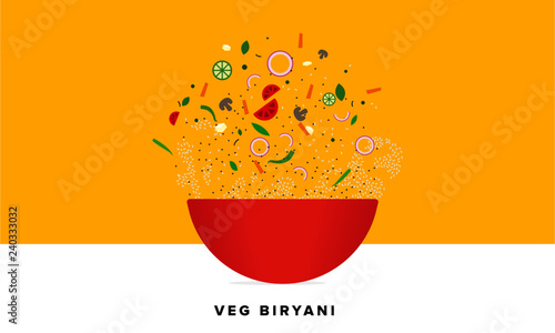 Veg Biryani Vector Illustration. Traditional Mughlai Indian Cuisine.