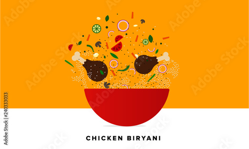 Chicken Biryani Vector Illustration. Traditional Mughlai Indian Cuisine.