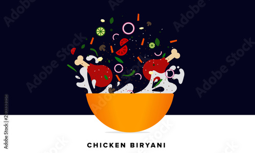 Chicken Biryani Vector Illustration. Traditional Mughlai Indian Cuisine.