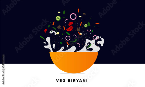 Veg Biryani Vector Illustration. Traditional Mughlai Indian Cuisine.