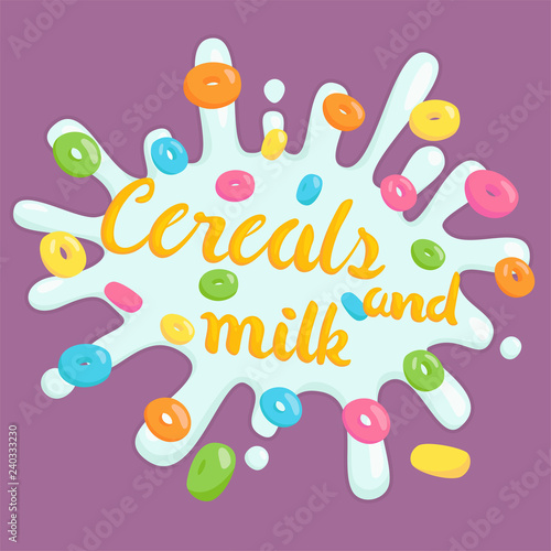 cereals and milk title on purple background