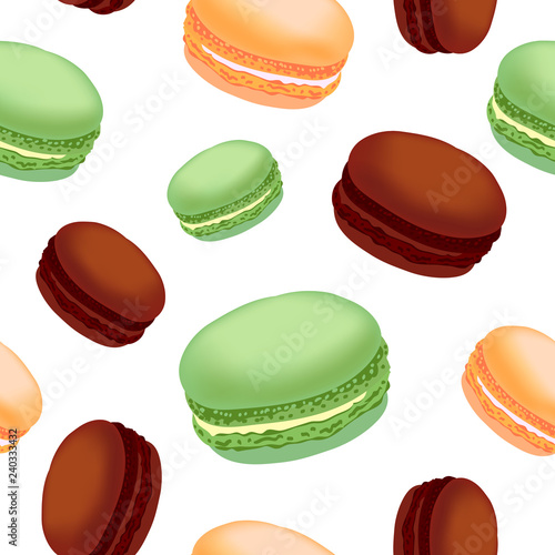 Seamless pattern with colorful macaroon cookies on white background.