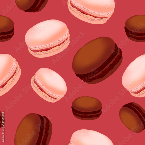 Seamless pattern with colorful macaroon cookies on white background.