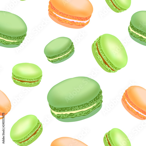 Seamless pattern with colorful macaroon cookies on white background.