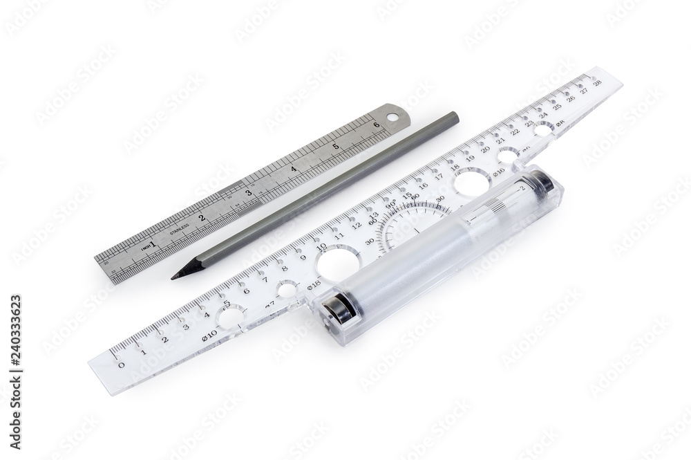 Roller inertial ruler t-square, pencil and measuring ruler in inches Roller inertial ruler t-square, pencil and measuring ruler in inches