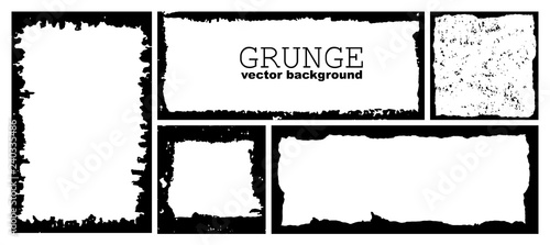 Set of ink grunge frames with damaged edges. Black distress border. Vector hand draw template.