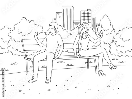 Man and woman sitting on a bench and looking at the phone park graphic black white landscape sketch illustration vector