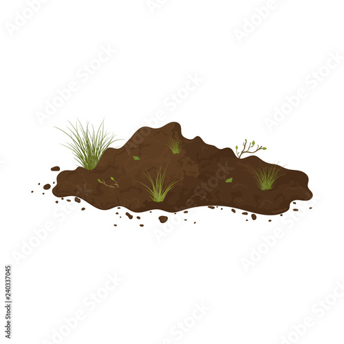 Earth mound. Ground with tuffet and branches with leaves. Illustration of landscape, nature, soil, farming. Colored flat icon, cartoon vector design