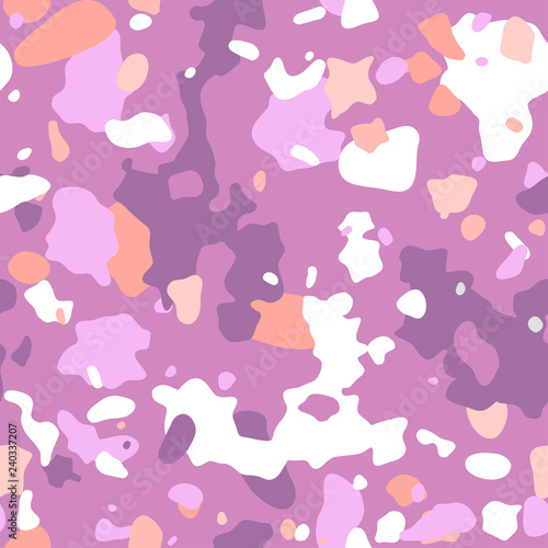 Fashionable camouflage pattern. Military fabric design. Seamless background, masking clothing, camo repeat print. Purple and pink color. Vector wallpaper.
