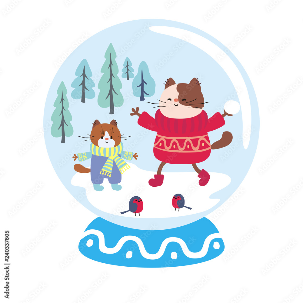 Snow globe with funny cat and winter landscape. Vector illustration isolated on a white background. Snow globe with funny cat and winter landscape. Vector illustration isolated on a white background.