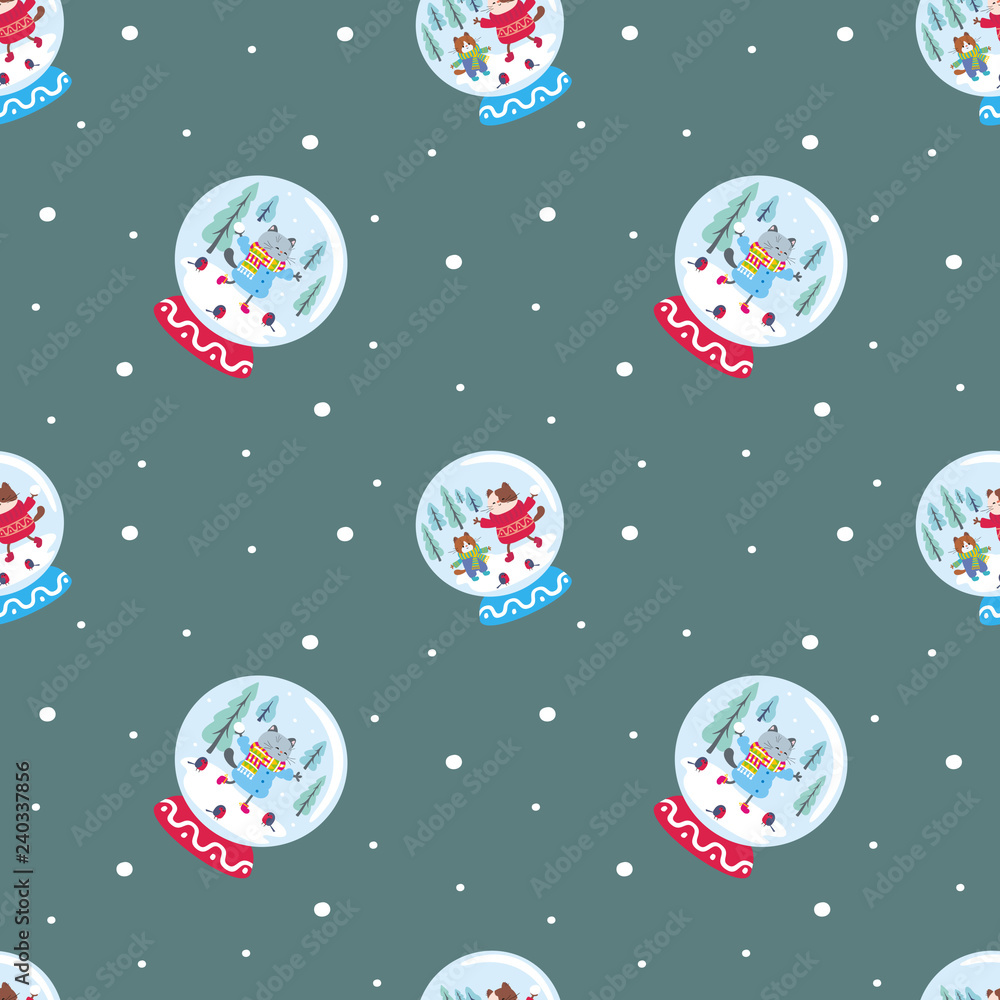 Funny seamless pattern with snow globes and cheerful cats. Vector background.