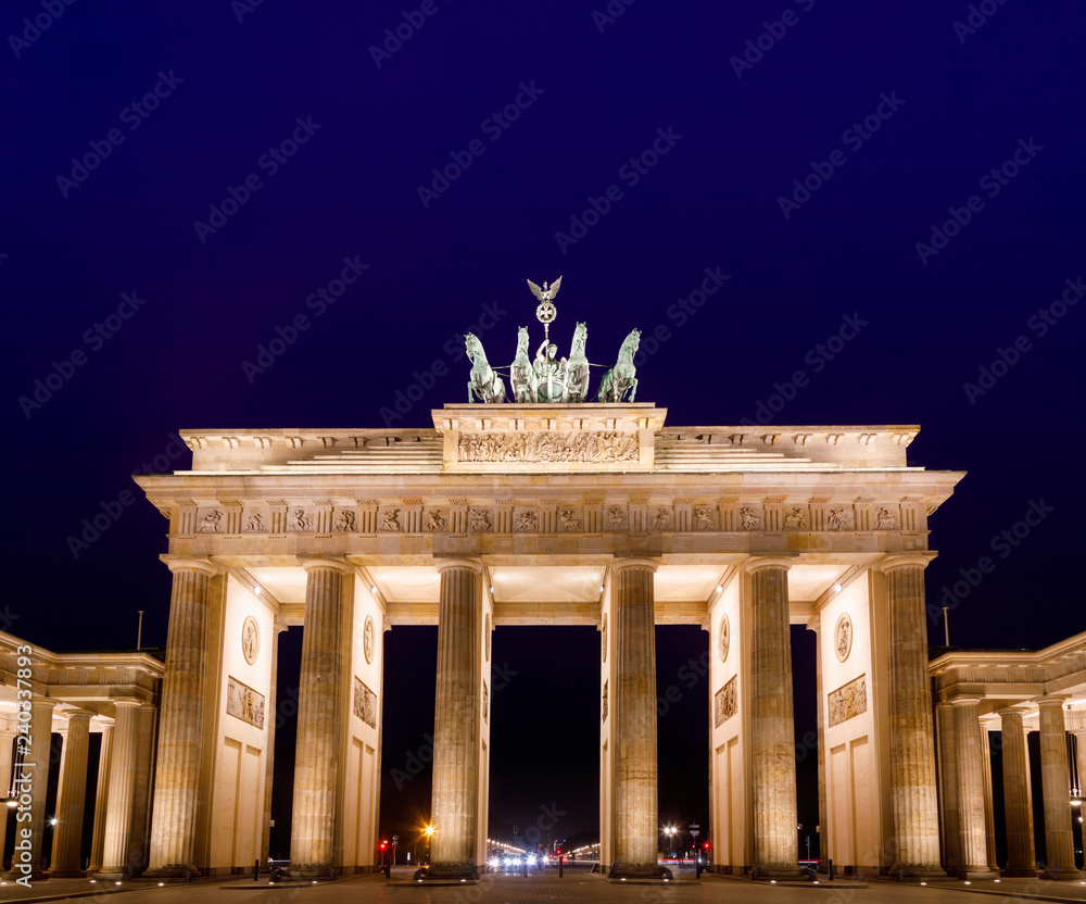 Neoclassical Brandenburg Gate (Brandenburger Tor) at night Pariser Platz Mitte Berlin Germany