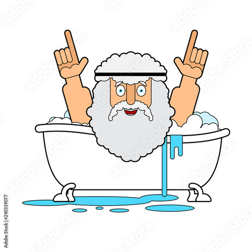 Archimedes in bath. Thumbs up eureka. ancient greek mathematician, physicist. Great discovery