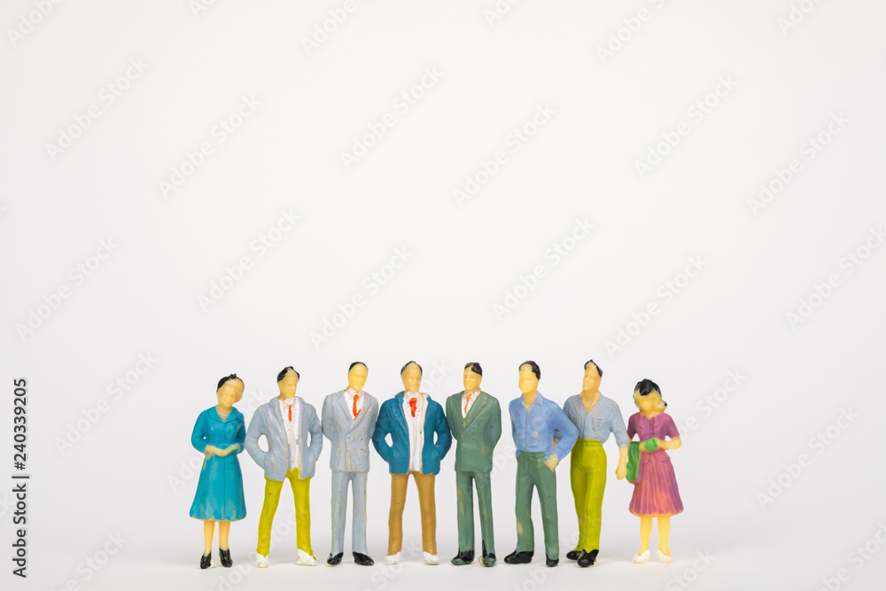 Group of figure miniature businessman or small people investor and office worker secretary on white background for money and financial business teamwork concept.