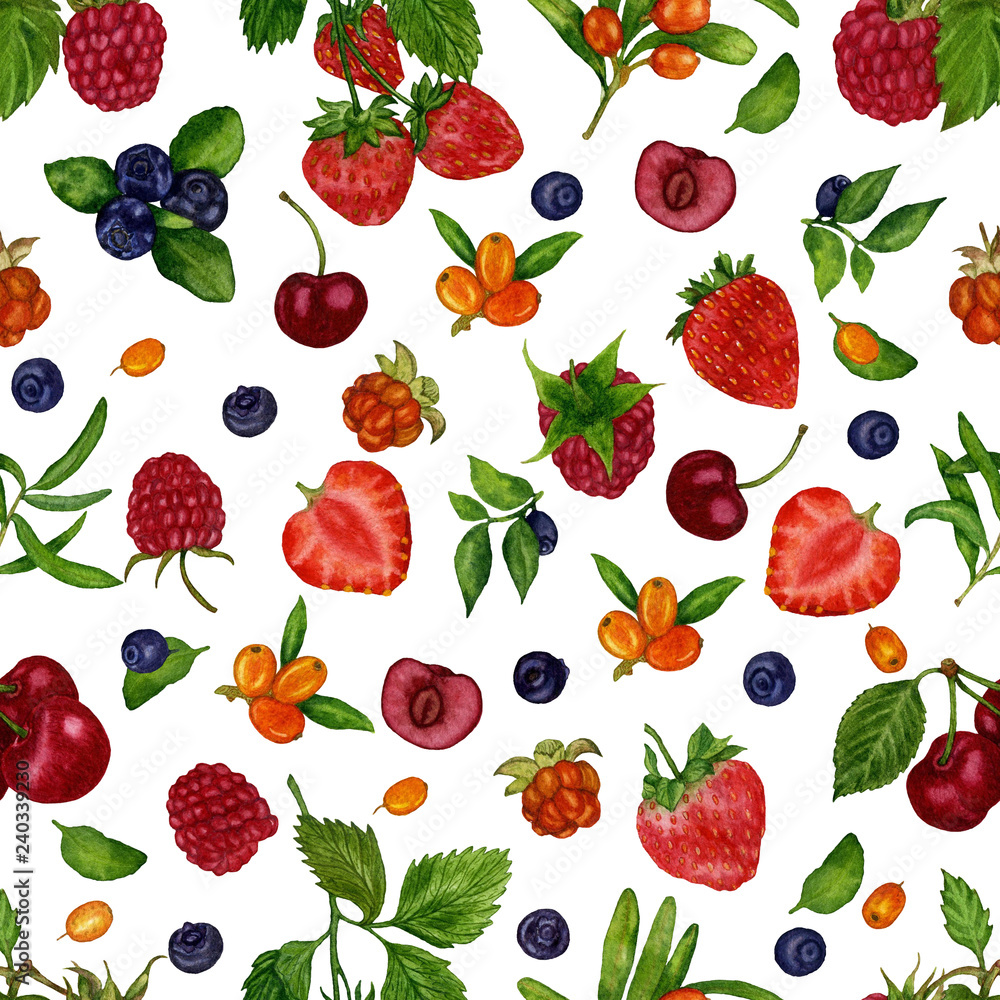 Seamless pattern with beautiful berries of raspberries, cloudberries, blueberries, blueberries, strawberries, cherries and sea-buckthorn on a white background. Watercolor handmade berries. Seamless pattern with beautiful berries of raspberries, cloudberries, blueberries, blueberries, strawberries, cherries and sea-buckthorn on a white background. Watercolor handmade berries.