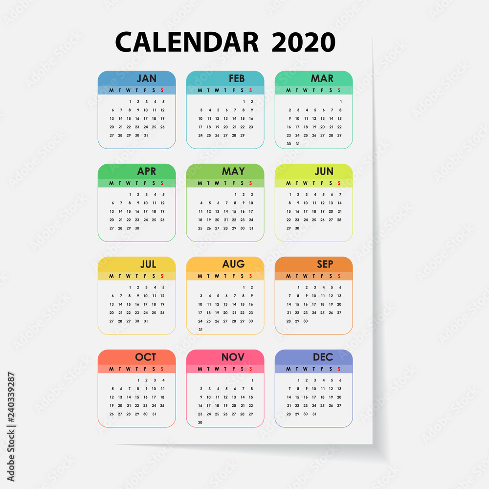 2020 Calendar Template.Calendar 2020 Set of 12 Months.Yearly calendar vector design stationery template.Vector illustration. 2020 Calendar Template.Calendar 2020 Set of 12 Months.Yearly calendar vector design stationery template.Vector illustration.