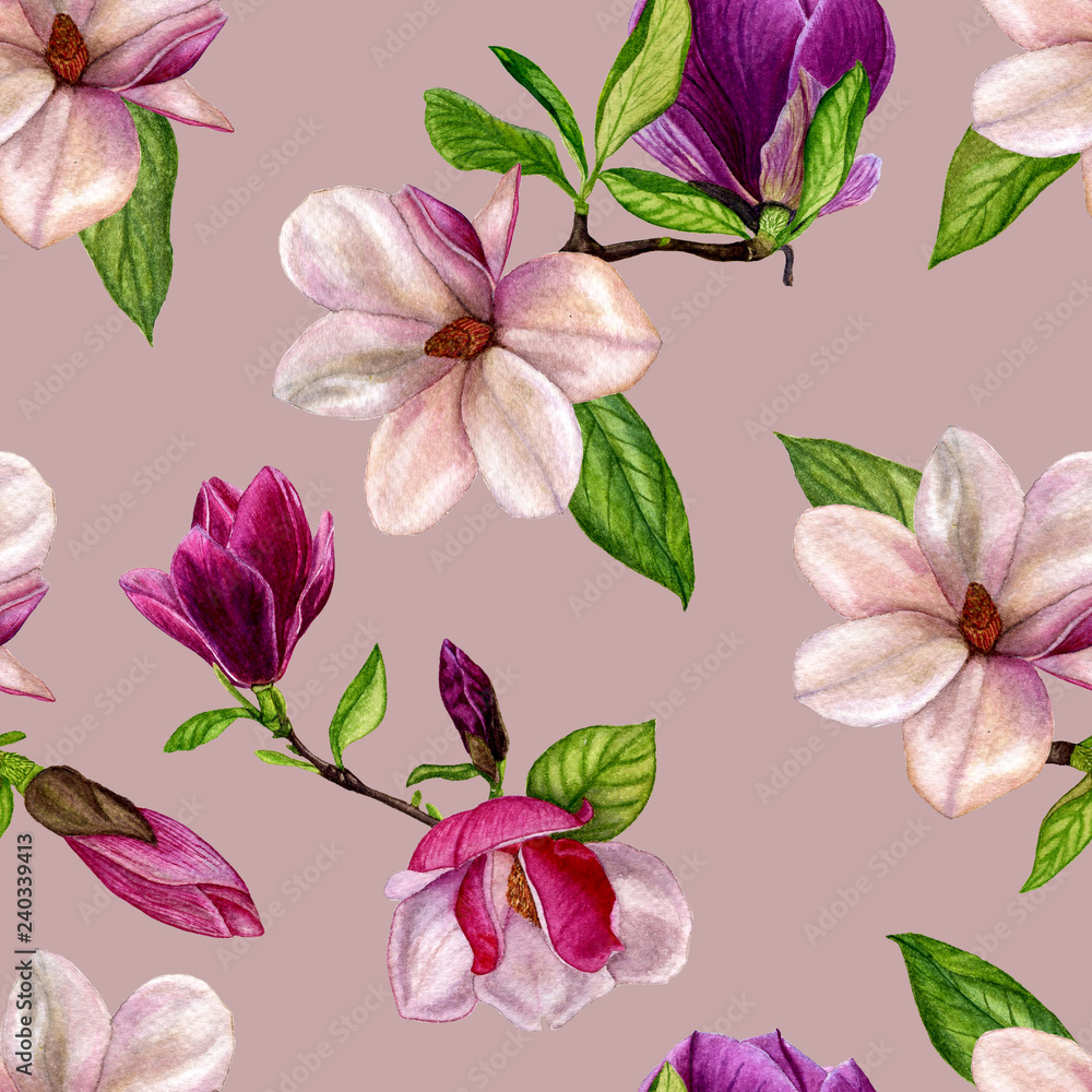 Seamless pattern with spring flowers magnolia and leaves. Hand drawn background. Watercolour hand painted.