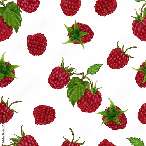Seamless pattern with raspberry berries on white background. Watercolour handmade. For your design of wrapping paper  fabric  etc.