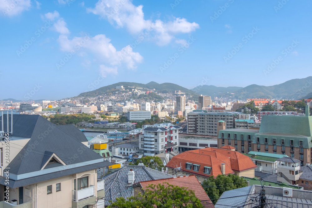 Panorama view of Nagasaki city with montain and  blue sky background, Cityscape, Nagasaki, Kyushu, Japan