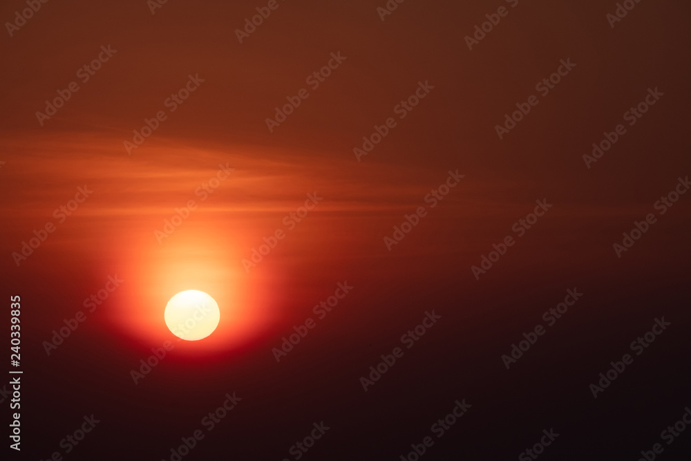 Scenic orange sunset sky background, scenic orange sunrise, relaxing seascape with wide horizon.