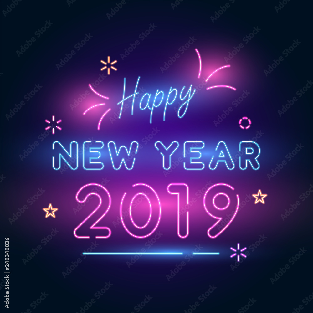 2019 Happy New Year Celebration. Neon Style.