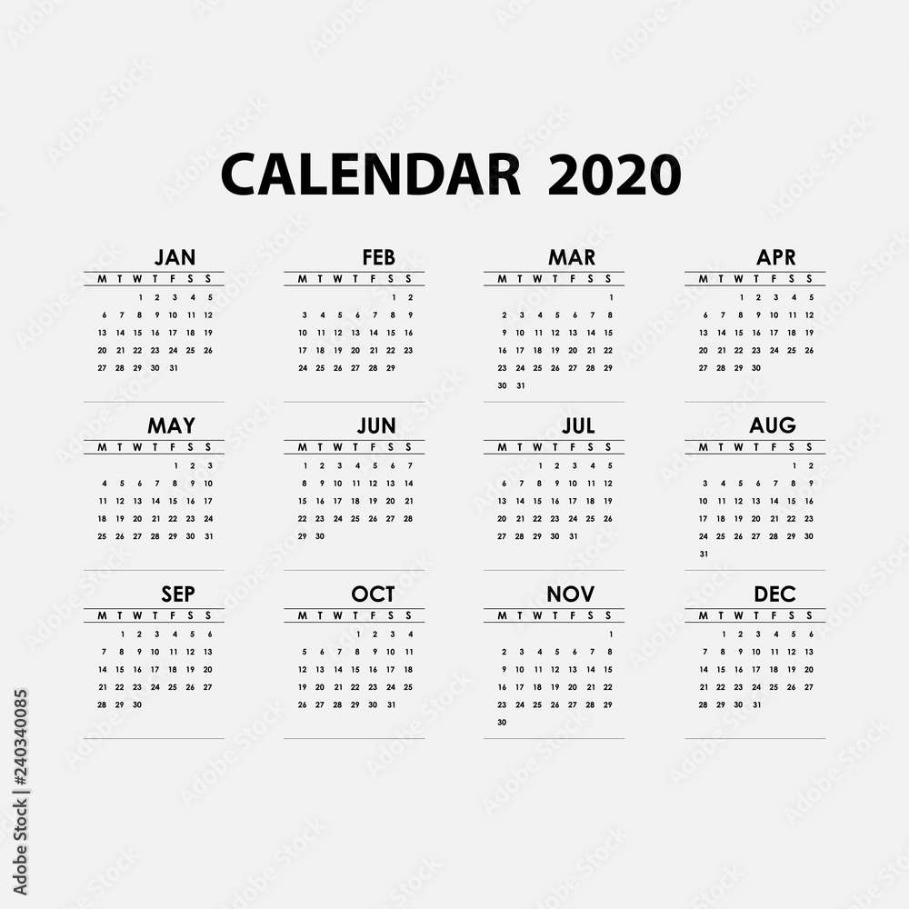 2020 Calendar Template.Calendar 2020 Set of 12 Months.Yearly calendar vector design stationery template.Vector illustration. 2020 Calendar Template.Calendar 2020 Set of 12 Months.Yearly calendar vector design stationery template.Vector illustration.